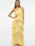 Halter Backless Cake Skirt Pink Yellow Maxi Dress