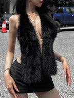 Plush Patchwork Neckband Backless Tank Tops