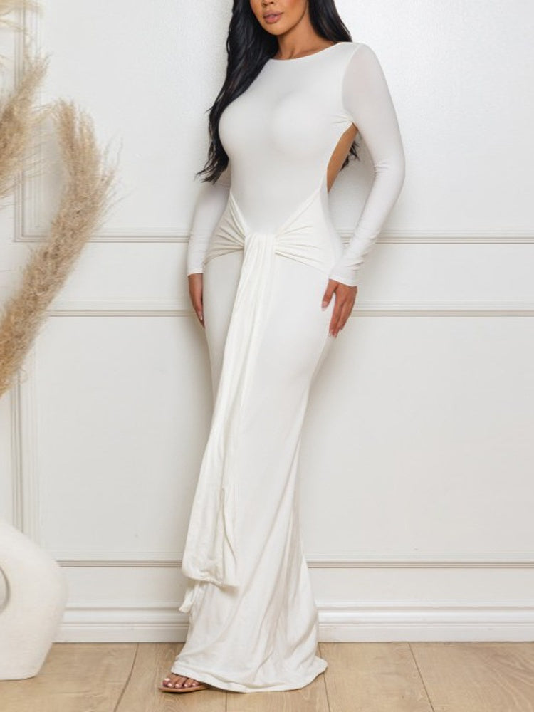 Kink Solid Color Waist-cinching Backless Long Dress
