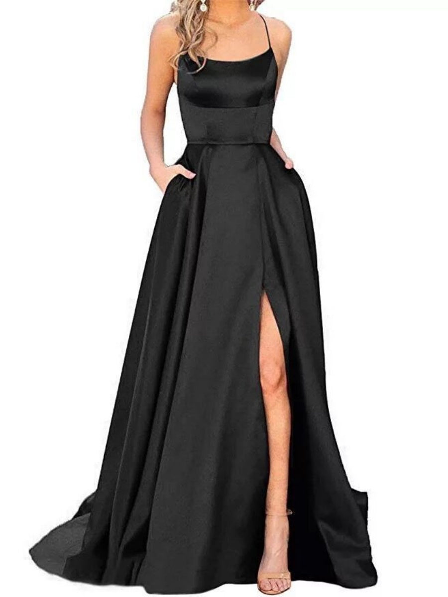 Silk High Fork Solid Color Camisoles Maxi Dresses