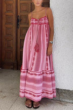 Tassel Crochet Hollow Out Splice Printed Ruffle Maxi Cami Dress