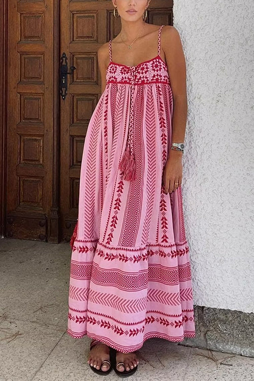 Tassel Crochet Hollow Out Splice Printed Ruffle Maxi Cami Dress