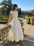 Temperament Crew Neck White Grace Waist Maxi Dresses
