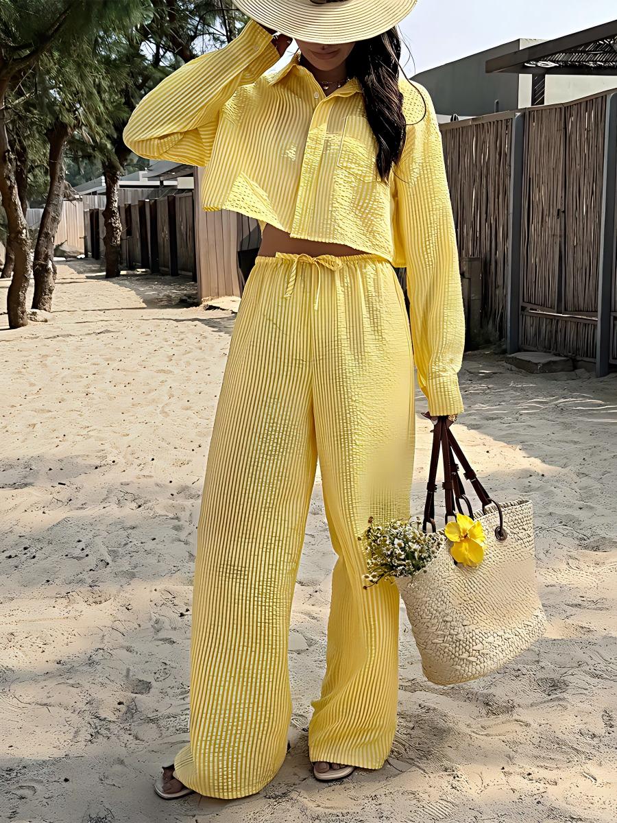 Yellow Casual Long-sleeved Button-down Shirt And Trousers Two-piece Set