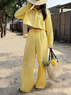 Yellow Casual Long-sleeved Button-down Shirt And Trousers Two-piece Set