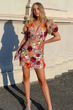 3D Floral Applique Puff Sleeve V Neck Sheer Mesh Mini Dress