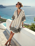 V-neck Short-sleeved Striped Printed Long Dress