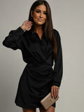 V-neck Long Sleeve Solid Color Pleated Mini&Short Dresses