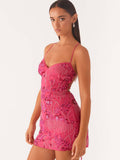 Sequin Beads Spaghetti Strap Backless Tie Sweet Mini&Short Dresses