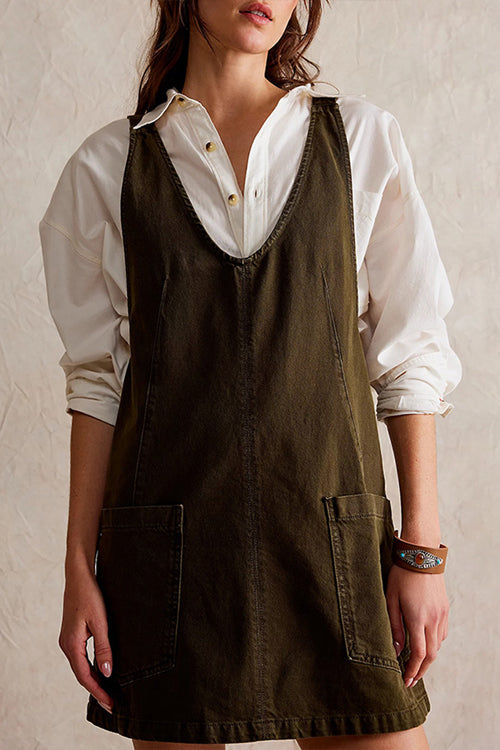 Deep V-Neck Patch Pocket Denim Pinafore Shift Mini Dress