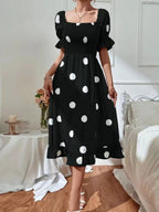 Square Collar Polka Dots Short Sleeve Ruffle Vacation And Leisure Maxi Dresses