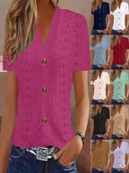 Knitting Buttons V-neck Short Sleeve T-shirts
