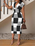 Simple V-neck Bodycon Printed Midi Dress