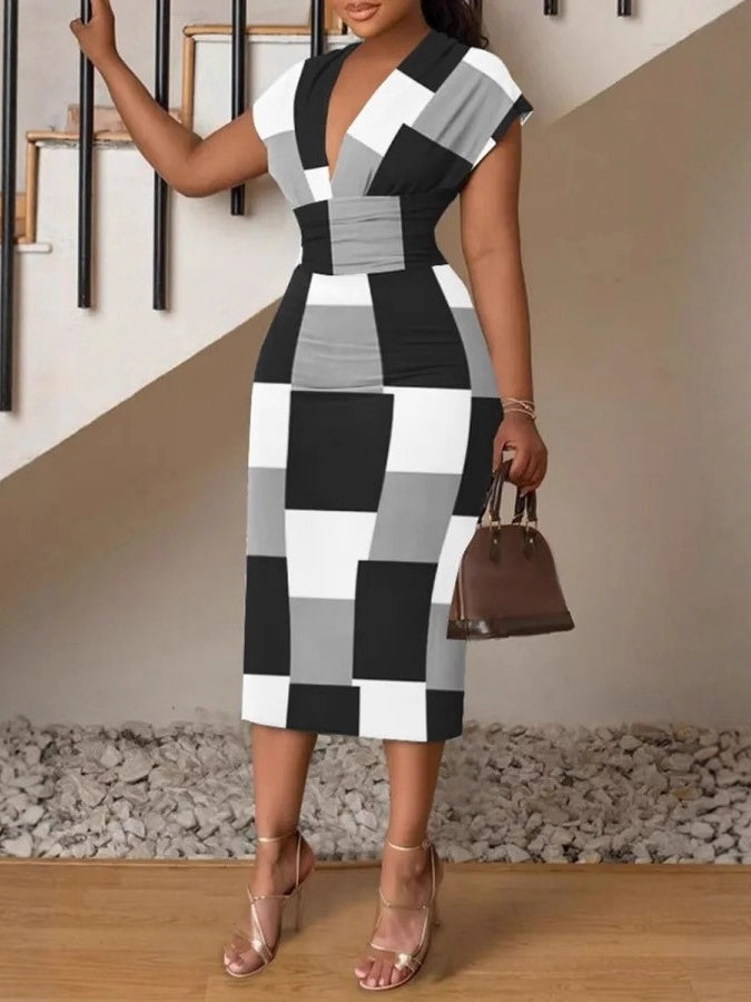 Simple V-neck Bodycon Printed Midi Dress