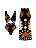 Retro-print Mesh Maxi Dress Conservative One-piece Swimsuit Two-piece Set