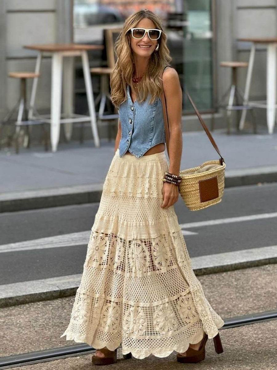 Lace Trim Hollow Geometric Patterns Skirts