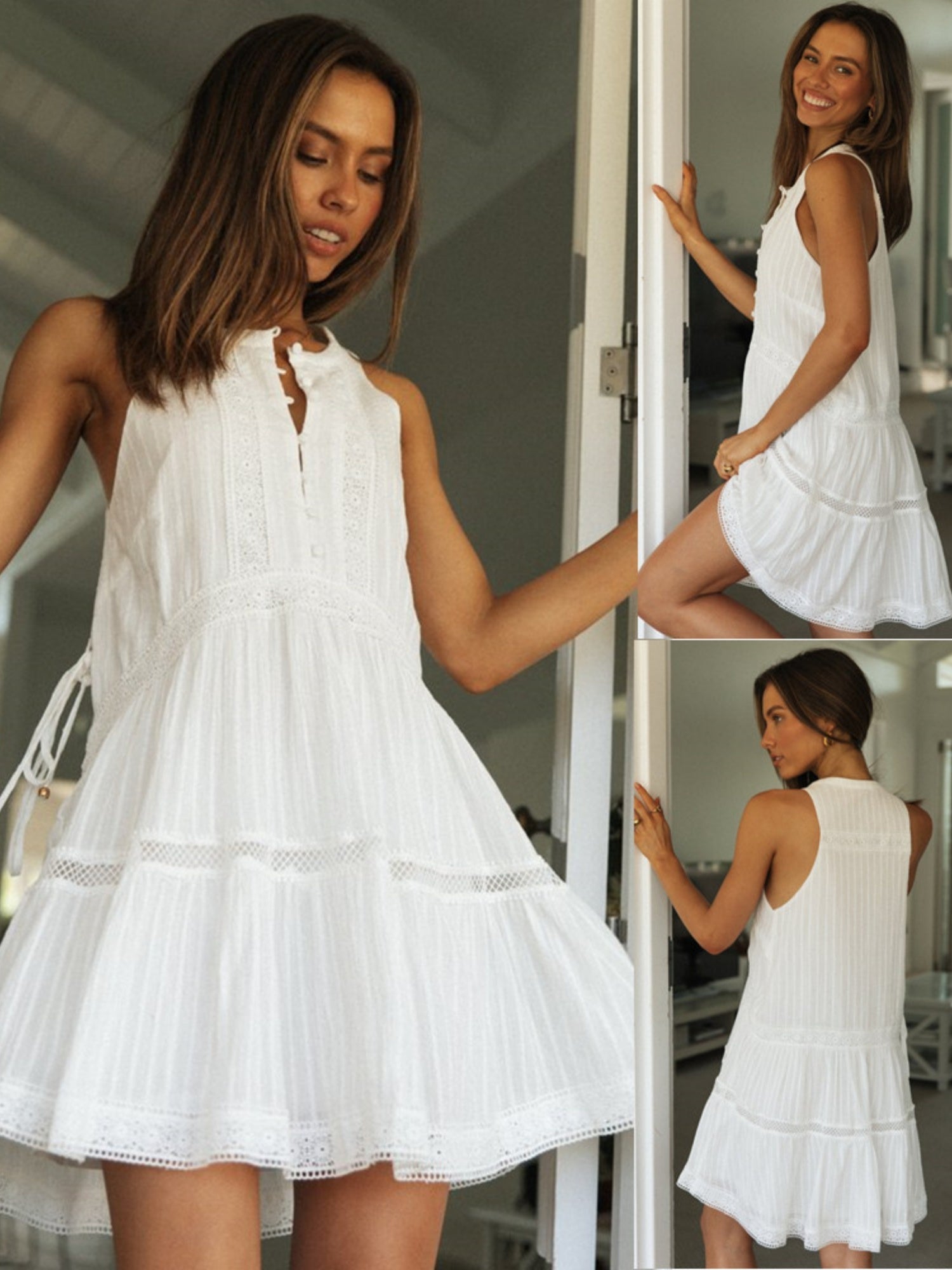 Lace Patchwork Stand-up Collar Buttons Large Skirt Mini&Short Dresses