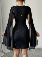Sequins Chiffon Cape Deep V-neck Mini&Short Dresses