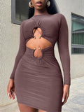 Hollow Out Metal Decoration Slim Fit Hip Body Long Sleeves Mini&Short Dresses