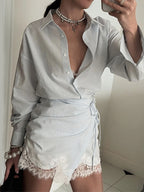 Stripe Lace Shirt & Wrap Skirt Set
