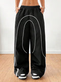 Color-blocked Elastic Waistband Pocket Wide-leg Trousers