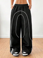 Color-blocked Elastic Waistband Pocket Wide-leg Trousers