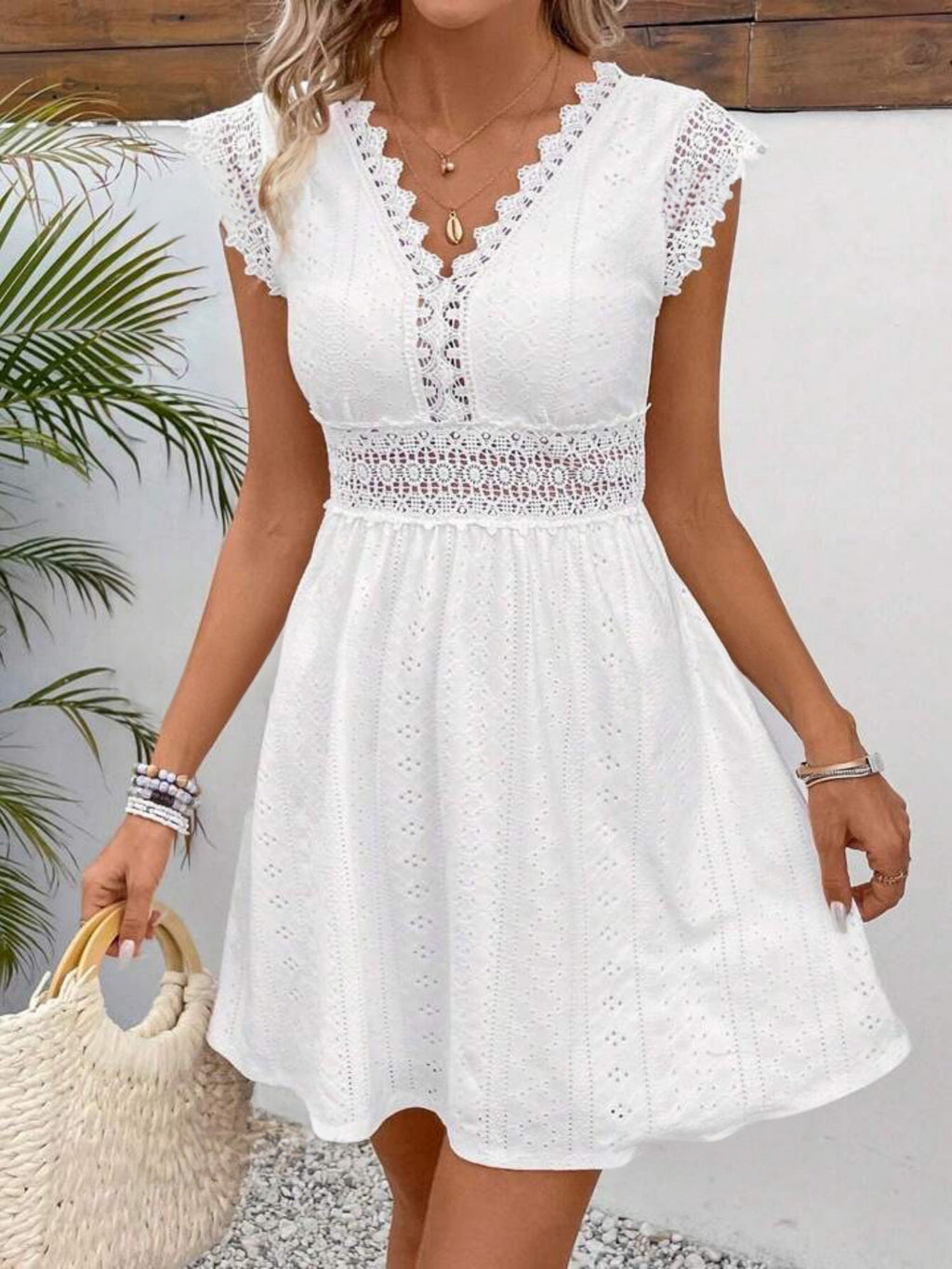Lace Trim Openwork Jacquard V-neck, Fitted Waist Mini&Short Dresses
