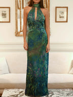 Halter Keyhole Criss Cross Waist Impressionist Print Plisse Maxi Gown