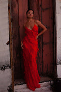 V-neck Ruffle Slit Maxi Dresses