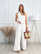 Heavy Embroidered Hollow V-neck Vest Top With Wide-leg Straight Trousers 2-piece Sets