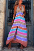 Halter Deep V Neck Slit Tie Dye Maxi Cami Dress
