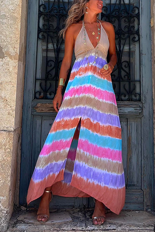 Halter Deep V Neck Slit Tie Dye Maxi Cami Dress