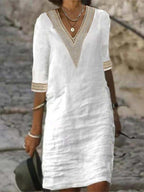 Crochet Trim V-Neck Pocket Patch Three-Quarter Sleeve Shift Mini Dress