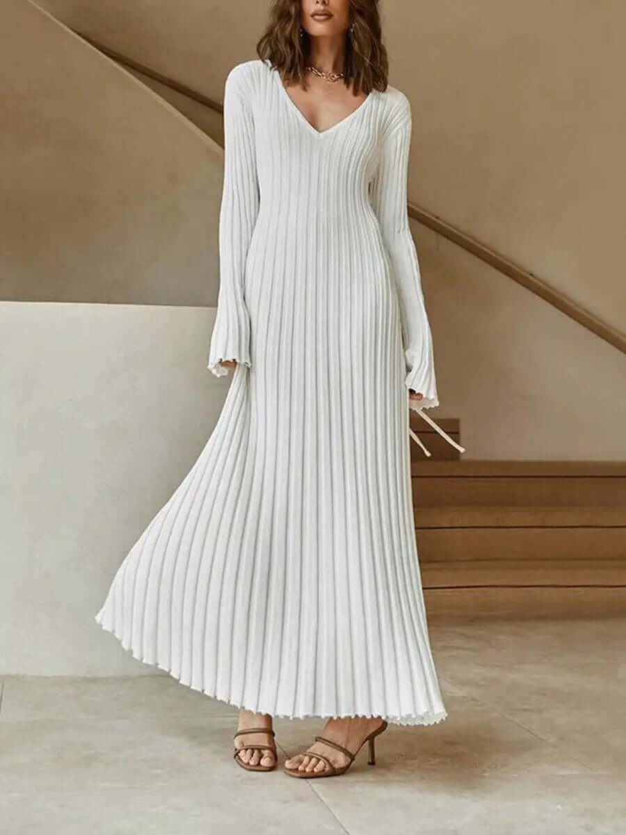 Deep V-Neck Ribbed Knit Long Sleeve Lettuce Edge Trim Maxi Dress