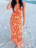 Ruffle V-neck Backless Strappy Maxi Dresses