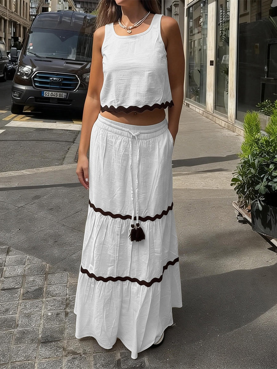 White Vacation Casual Vest Dress Two-piece Set