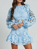 Lantern-style Long-sleeved, Fitted A-line Dress With Ruffled Hem And Water-soluble Lace.