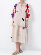 Abstract Geometric Embroidery Balloon Sleeve Tiered Midi Dress