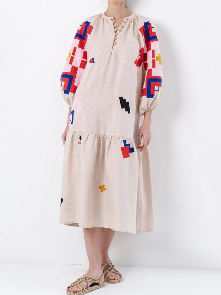 Abstract Geometric Embroidery Balloon Sleeve Tiered Midi Dress