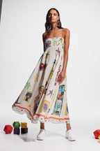 Spaghetti Strap Square Neck Illustrative Print Empire Waist Midi Dress