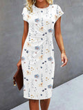 Crew Neck Cap Sleeve Twisted Waist Floral Print Sheath Midi Dress
