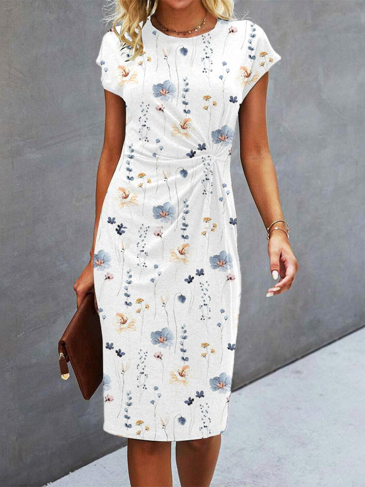 Crew Neck Cap Sleeve Twisted Waist Floral Print Sheath Midi Dress