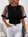 Crew Neck Mesh Bell Sleeves Splicing T-shirts