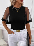 Crew Neck Mesh Bell Sleeves Splicing T-shirts