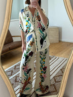 Printed Vacation Long-sleeved Shirt Pants Wide Leg Set 2-piece Sets