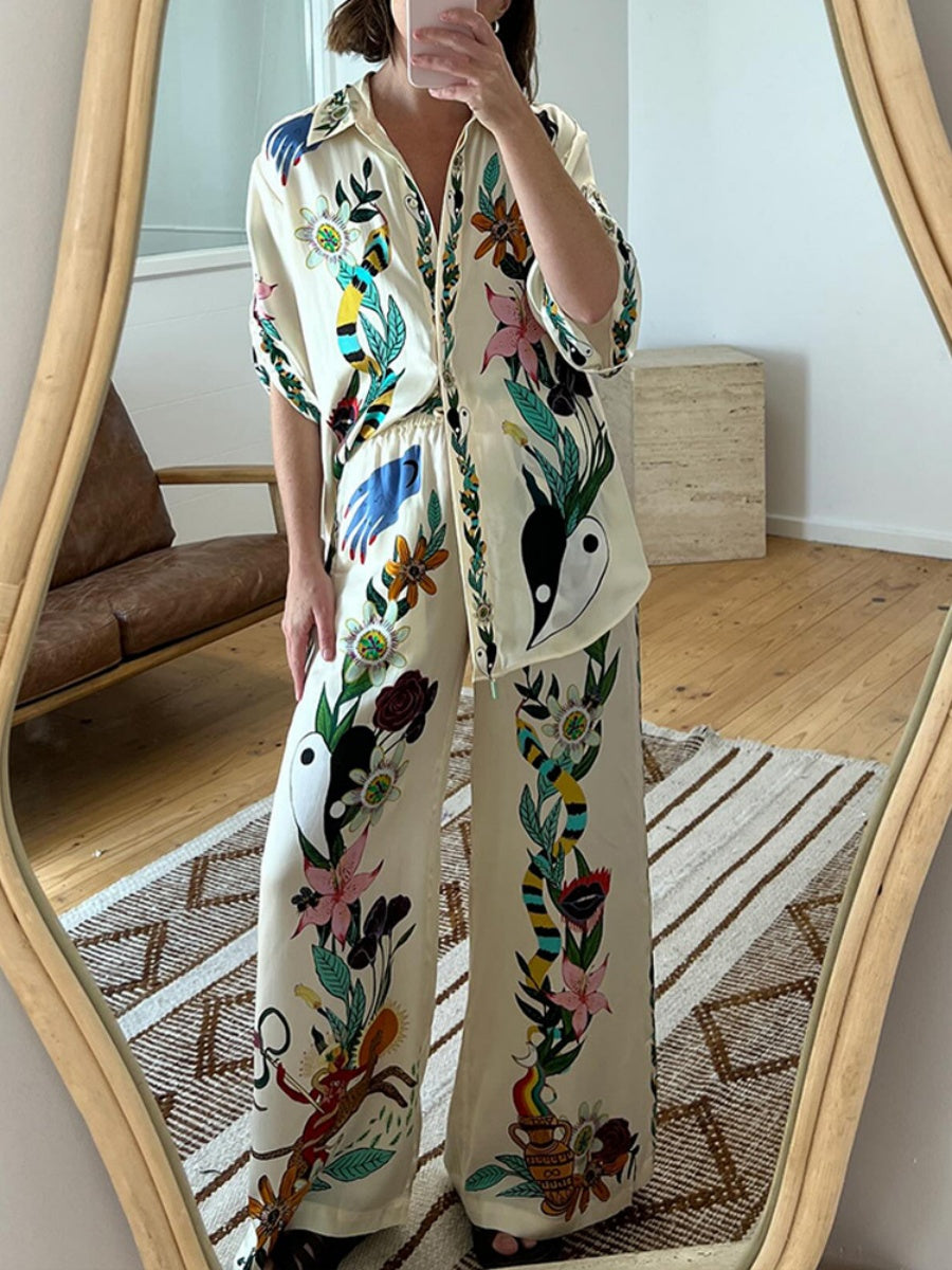 Printed Vacation Long-sleeved Shirt Pants Wide Leg Set 2-piece Sets