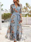 Digitally Printed Floral Short-Sleeve V-Neck Slim Waist Maxi Dresses