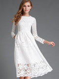 Round Neck Lace Long Sleeve Slim Midi Dress