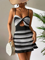 Stripes Hollow Out Backless Tie Camisoles Mini&Short Dresses