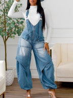Zipper Splicing Pocket Denim Overalls